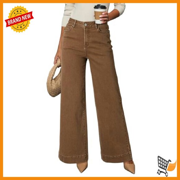 High Waisted Wide Leg Jeans Stretch Denim Pants with Pockets - Picture 2 of 7